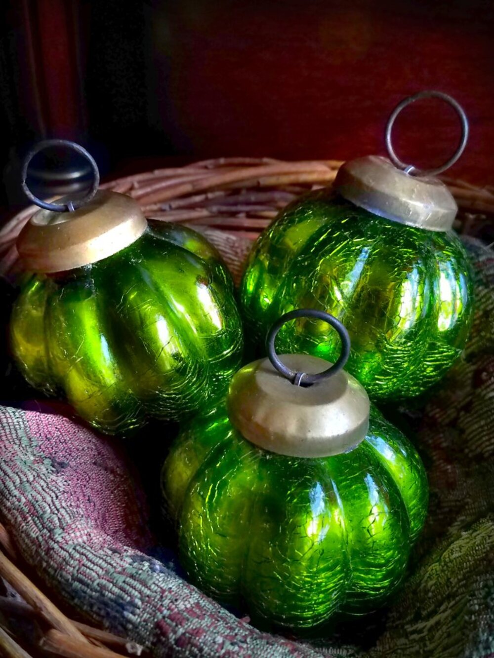 Midwest Kugel Olive Crackle Mercury Ribbed Melon Glass Ornaments Set of 3